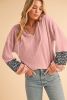 Dusty Pink Floral Patchwork Textured Drawstring V Neck Top