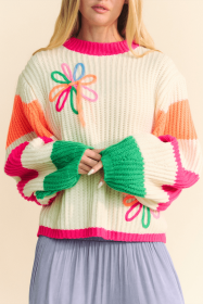 Beige Cute Flower Colorblock Puff Sleeve Sweater (size: (US 4-6)S)