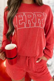Racing Red Corded MERRY Long Sleeve Top and Shorts Pajama Set (size: (US 12-14)L)