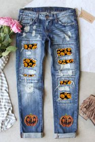 Sky Blue Halloween Pumpkin Patchwork Distressed Straight Leg Jeans (size: 12)