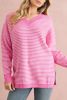 Pink Striped Scallop V Neck Split Knitted Sweater