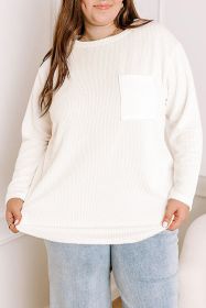 White Plus Size Ribbed Textured Pocketed Long Sleeve Top (size: (US 22W-24W)3X)