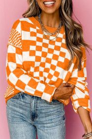 Carrot Checkered Drop Shoulder Round Neck Sweater (size: (US 4-6)S)