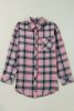 Pink Plaid Print Button Up Round Hem Shirt