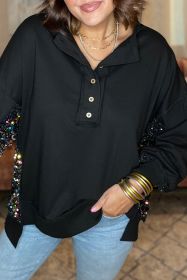 Black Sequin Patchwork Henley Sweatshirt (size: (US 4-6)S)