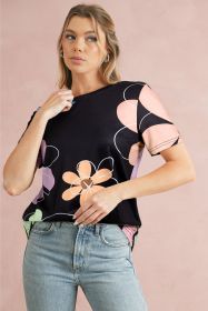 Black Summer Flower Print Round Neck T Shirt (size: (US 4-6)S)
