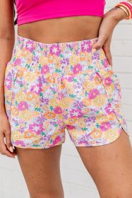 Pink Boho Floral Shirred High Waist Athletic Shorts (size: (US 4-6)S)