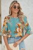 Mineral Blue Floral Print Round Neck Flounce Sleeve Blouse