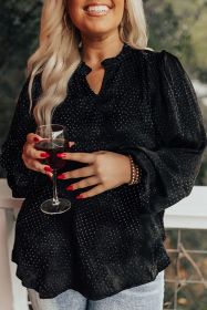 Black Plus Size Leopard Print Frill Notch V Neck Blouse (size: (US 14W-16W)1X)