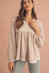 Parchment Corded Turn-down Collar Bubble Sleeve Babydoll Top (size: (US 12-14)L)