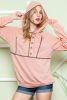 Pink Solid Color Exposed Seam Henley Pullover Hoodie