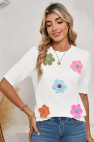 White 60s Vintage Flower Pattern Knitted Top (size: (US 12-14)L)