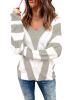 Grey Striped Colorblock V Neck Casual Cutout Knitted Sweater
