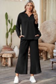 Black Plain Textured Collared V Neck Top and Wide Leg Pants Set (size: (US 12-14)L)