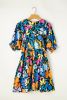 Blue Floral Print Collared Split V Neck Flared Plus Size Mini Dress