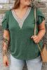 Blackish Green Plus Size Contrast V Neck Draped Sleeve Blouse