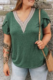 Blackish Green Plus Size Contrast V Neck Draped Sleeve Blouse (size: (US 18W-20W)2X)