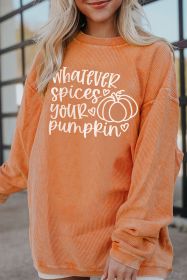 Orange Pumpkin Letter Print Oversized Crinkle Rib Sweatshirt (size: (US 12-14)L)