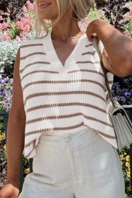 Khaki Stripe V Neck Loose Knitted Vest (size: (US 8-10)M)