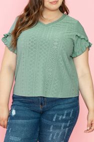 Laurel Green Petal Sleeve Jacquard V Neck Plus Size Blouse (size: (US 18W-20W)2X)