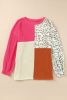 Rosy Leopard Patchwork Color Block Ribbed Long Sleeve Top