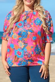 Rose Plus Size Floral Print Frill Neck Smocked Puff Sleeve Blouse (size: (US 18W-20W)2X)