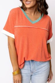 Grapefruit Orange Contrast Trim Exposed Seam V Neck T Shirt (size: (US 8-10)M)