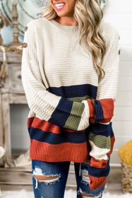 Colorblock Striped Button Drop Shoulder Pullover Sweater (size: (US 8-10)M)