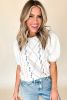 White Argyle Puff Sleeve Knit Top