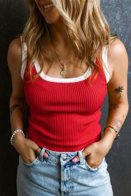 Fiery Red Contrast Trim U Neck Ribbed Knit Tank Top (size: (US 8-10)M)