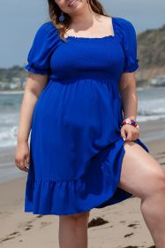 Dark Blue Shirred Ruffled Square Neck Plus Size Mini Dress (size: (US 18W-20W)2X)