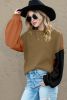 Pickle Green Colorblock Bishop Sleeve Exposed Seam Ribbed Sweater