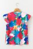 Dark Blue Abstract Print Sleeveless Pleated Ruffle Blouse