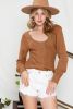 Brown U Neck Textured Long Sleeve Top