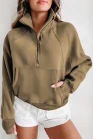 Brown Quarter Zip Stand Neck Kangaroo Pocket Sweatshirt (size: (US 12-14)L)