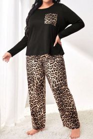 Black Leopard Patched Pocket Long Sleeve Top Plus Size Pajama Set (size: (US 18W-20W)2X)
