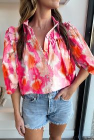 Multicolour Tie Dye Abstract Print Ruffle Puff Sleeve Pleated Blouse (size: (US 12-14)L)
