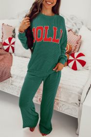 Evergreen Crinkle Rib JOLLY Pattern Long Sleeve Top and Pockets Pants Set (size: (US 12-14)L)