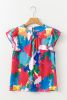 Dark Blue Abstract Print Sleeveless Pleated Ruffle Blouse