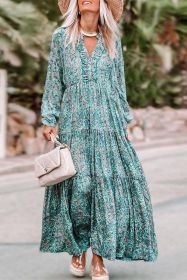 Sky Blue Bohemian Paisley Print Long Sleeve Tiered Maxi Dress (size: (US 8-10)M)