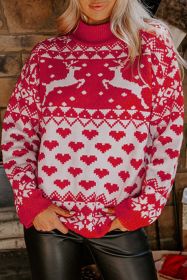 Fiery Red Christmas Reindeer Heart Pattern High Neck Sweater (size: (US 12-14)L)
