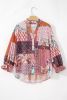 Red Boho Abstract Patchwork Bubble Sleeve Blouse