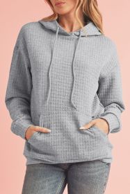 Gray Lattice Textured Kangaroo Pocket Drawstring Hoodie (size: (US 12-14)L)