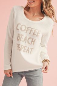 White Letter Print Round Neck Raw Edge Sweater (size: (US 8-10)M)