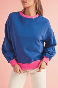 Blue Contrast Trim Bubble Sleeve Sweatshirt (size: (US 12-14)L)