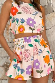 White Vintage Floral Cropped Tank and Frill High Waist Shorts Set (size: (US 8-10)M)