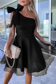 Black Bowtie One Shoulder Tulle Overlay Skater Dress (size: (US 8-10)M)