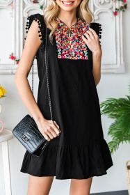 Black Pom Pom A Line Ruffled Sleeveless Short Dress (size: (US 8-10)M)