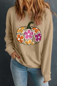 Khaki Halloween Floral Pumpkin Graphic Drop Shoulder Sweatshirt (size: (US 12-14)L)