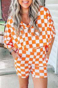 Orange Checkered Print V Neck Pocketed Pajama Set (size: (US 8-10)M)